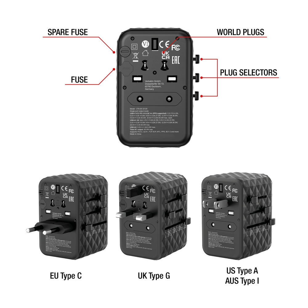 Verbatim UTA-05 GaN III Universal Travel Adapter with 2 x USB-C PD 65W & QC 4+ / 2 x USB-A