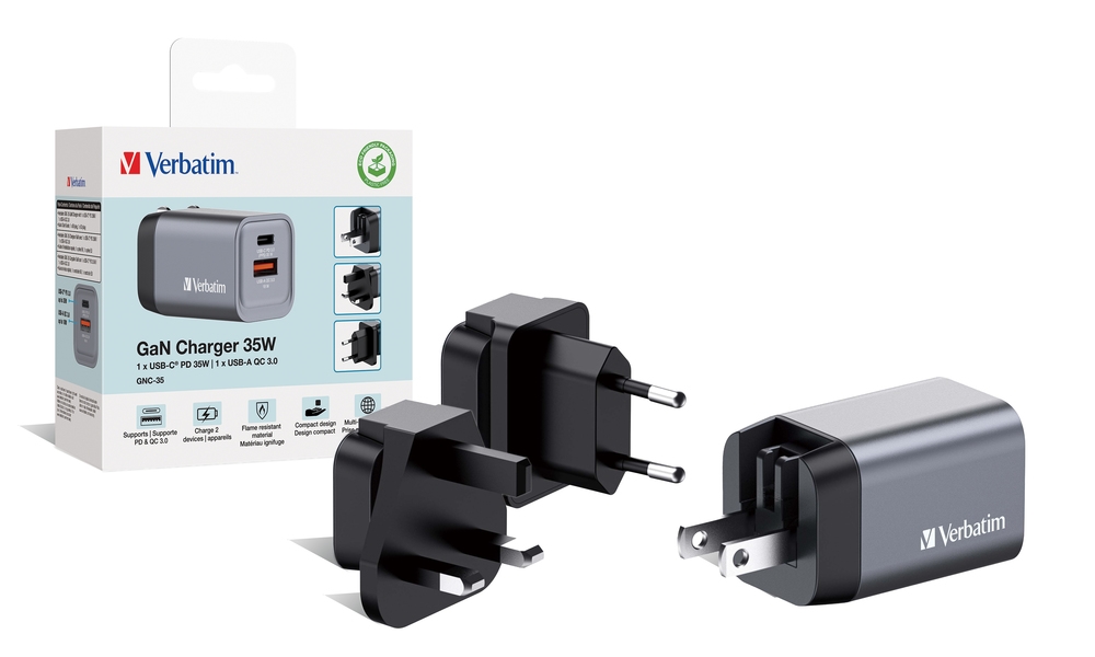 Verbatim GNC-35 GaN Charger 2 Port 35W USB A/C (EU/UK/US)