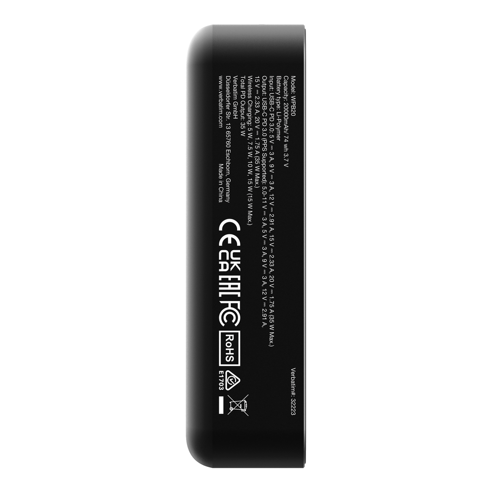 Verbatim Charge 'n' Go Essentials Power Bank Magnetic Wireless 20000mAh Black