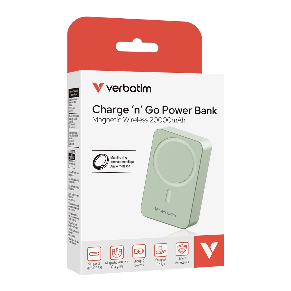 Verbatim Charge 'n' Go Essentials Power Bank Magnetic Wireless 20000mAh Green