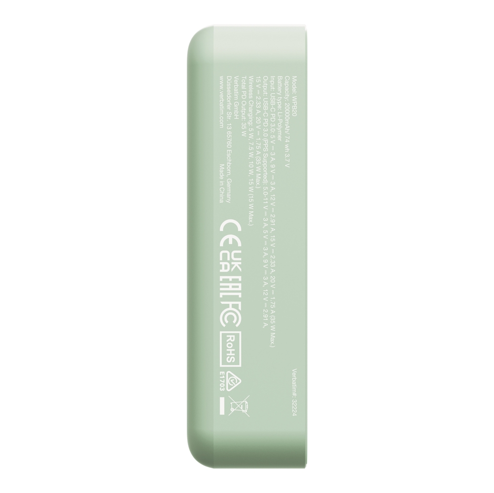 Verbatim Charge 'n' Go Essentials Power Bank Magnetic Wireless 20000mAh Green