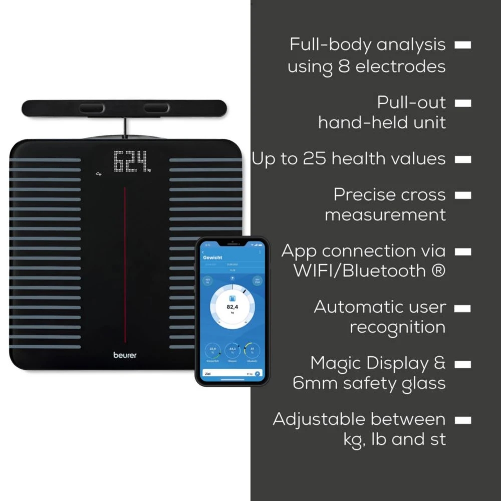 Beurer BF 990 WIFI/Bluetooth 8-electrode diagnostic bathroom scale with extendable handpiece for full body analysis; 5 activity levels; 8 user memories; 180 kg