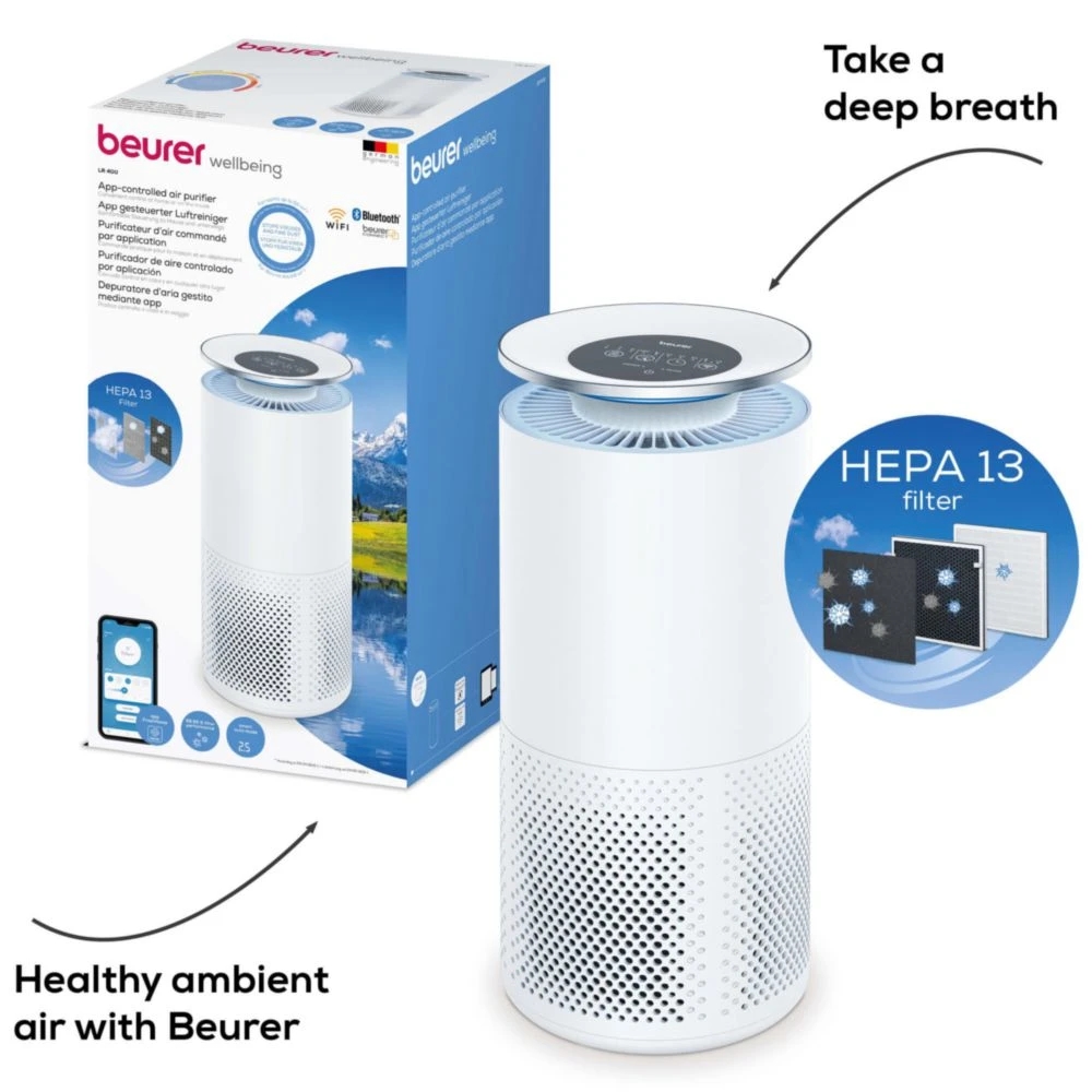 Beurer LR 400 WIFI / BT Air purifier white- App-controlled "beurer FreshHome" app; CADR approx. 266 m3/h; Smart Sensor PM 2.5 2g / m2; three-layered filter system; 4 levels + Turbo; Timer; Colored indoor air quality indicator; 69m2