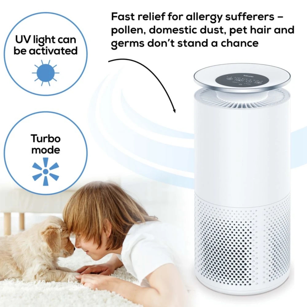 Beurer LR 400 WIFI / BT Air purifier white- App-controlled "beurer FreshHome" app; CADR approx. 266 m3/h; Smart Sensor PM 2.5 2g / m2; three-layered filter system; 4 levels + Turbo; Timer; Colored indoor air quality indicator; 69m2
