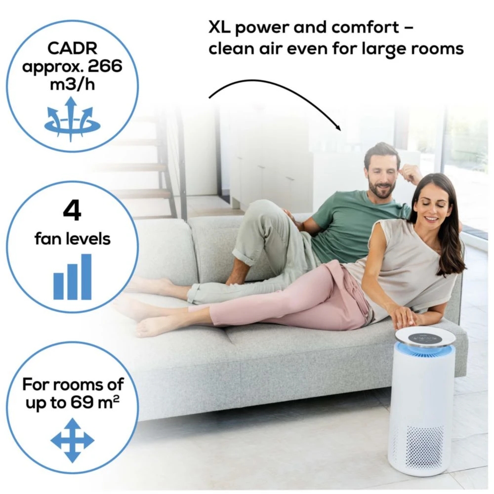 Beurer LR 400 WIFI / BT Air purifier white- App-controlled "beurer FreshHome" app; CADR approx. 266 m3/h; Smart Sensor PM 2.5 2g / m2; three-layered filter system; 4 levels + Turbo; Timer; Colored indoor air quality indicator; 69m2