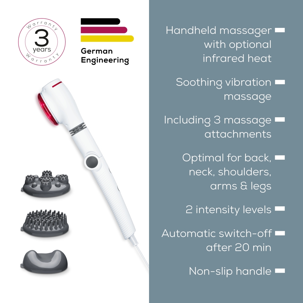 Beurer MG 44 infrared massager; Soothing vibration massage; Rotating massage head and 3-way adjustable handle; Infrared heat; 3 function levels; 4 interchangeable massage attachments
