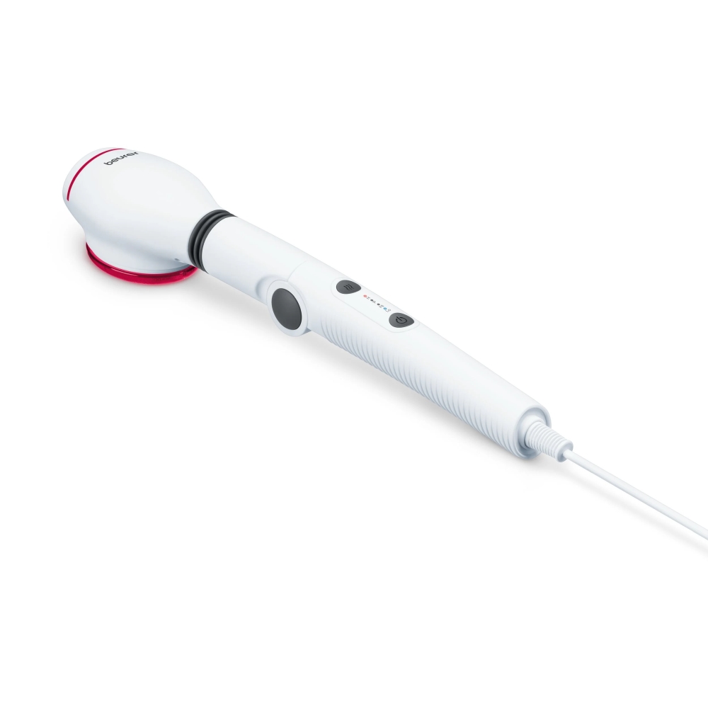 Beurer MG 44 infrared massager; Soothing vibration massage; Rotating massage head and 3-way adjustable handle; Infrared heat; 3 function levels; 4 interchangeable massage attachments
