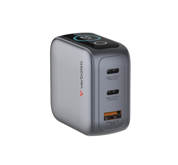 Verbatim Mini GaN Charger 65W with Display + 60W USB-C to USB-C Cable (Charger and Data transfer) Grey