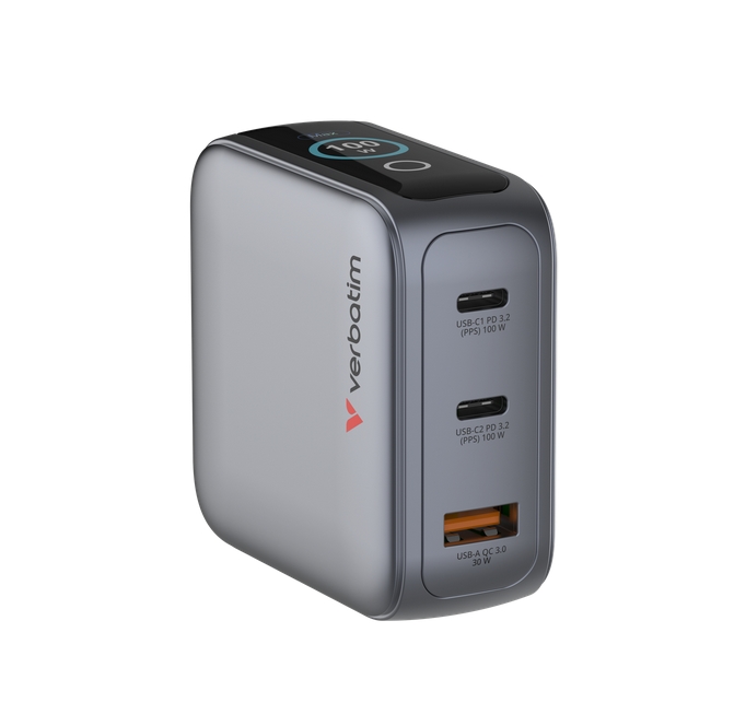 Verbatim Mini GaN Charger 100W with Display + 100W USB-C to USB-C Cable (Charger and Data transfer) Grey