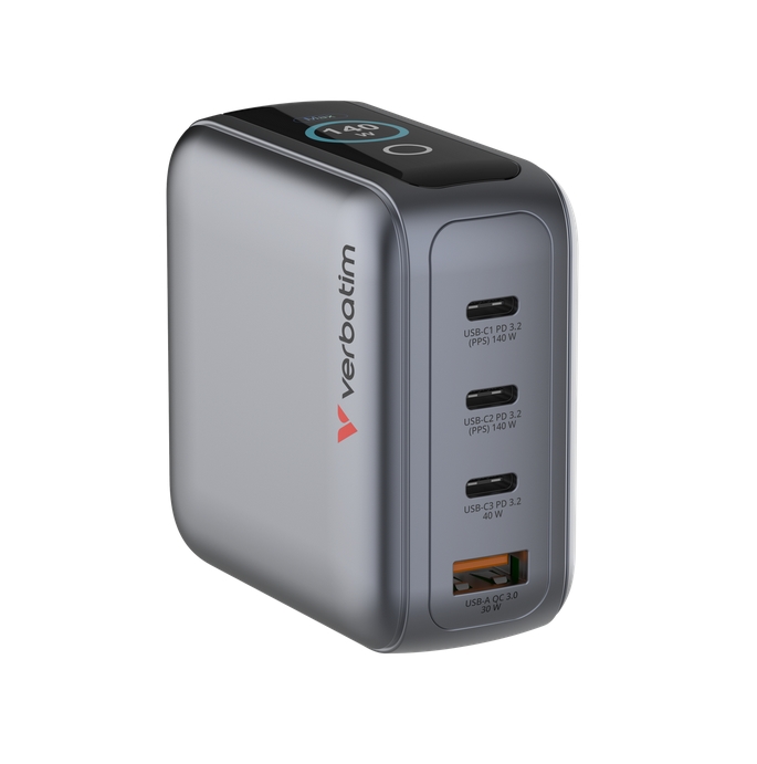 Verbatim Mini GaN Charger 140W with Display + 140W USB-C to USB-C Cable (Charger and Data transfer) Grey