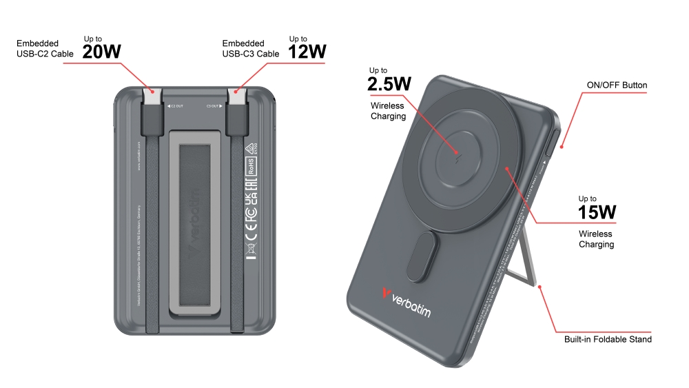 Verbatim Charge 'n' Go 2C Power Bank Magnetic Wireless 5000mAh with 2 USB-C Cables & Stand Grey