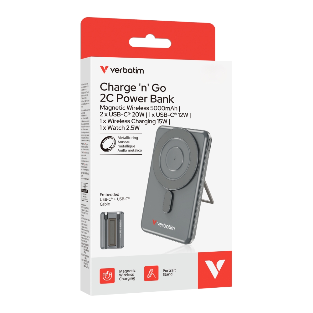 Verbatim Charge 'n' Go 2C Power Bank Magnetic Wireless 5000mAh with 2 USB-C Cables & Stand Grey