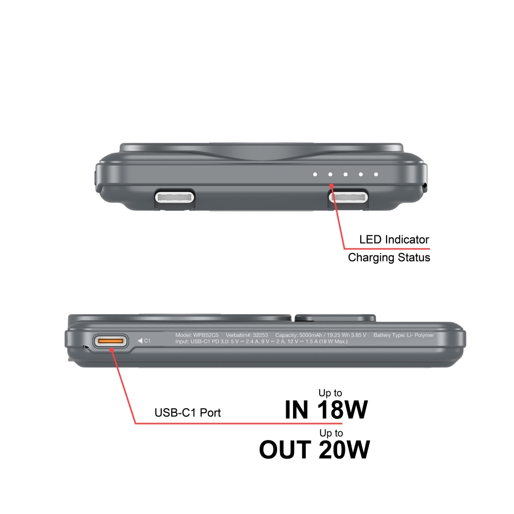 Verbatim Charge 'n' Go 2C Power Bank Magnetic Wireless 5000mAh with 2 USB-C Cables & Stand Grey