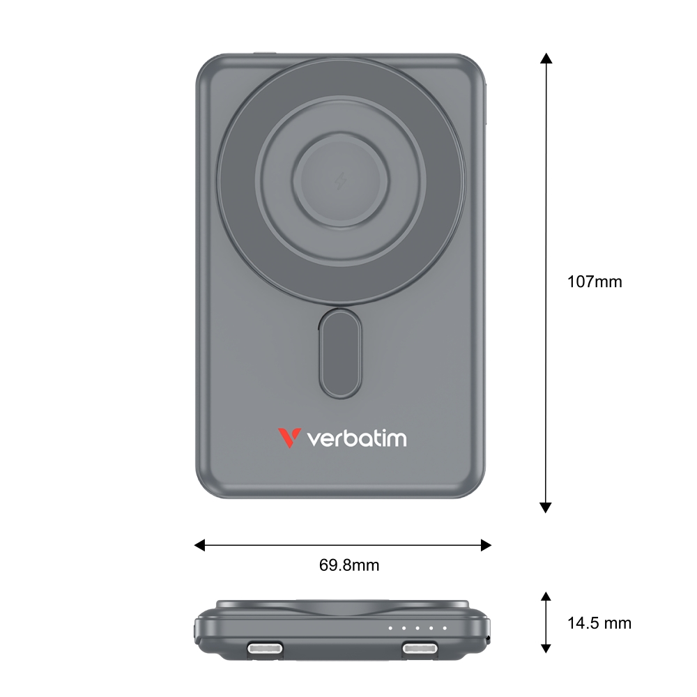 Verbatim Charge 'n' Go 2C Power Bank Magnetic Wireless 5000mAh with 2 USB-C Cables & Stand Grey