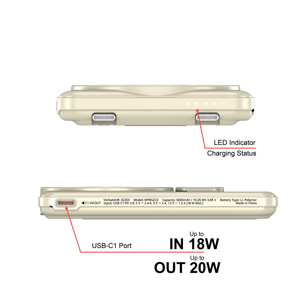 Verbatim Charge 'n' Go 2C Power Bank Magnetic Wireless 5000mAh with 2 USB-C Cables & Stand Gold