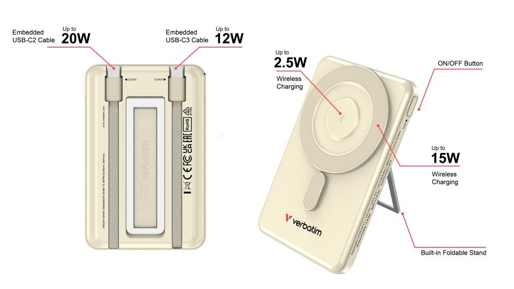 Verbatim Charge 'n' Go 2C Power Bank Magnetic Wireless 5000mAh with 2 USB-C Cables & Stand Gold