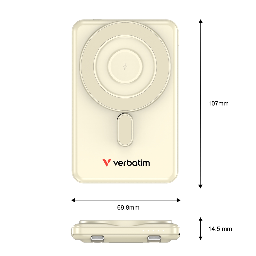 Verbatim Charge 'n' Go 2C Power Bank Magnetic Wireless 5000mAh with 2 USB-C Cables & Stand Gold