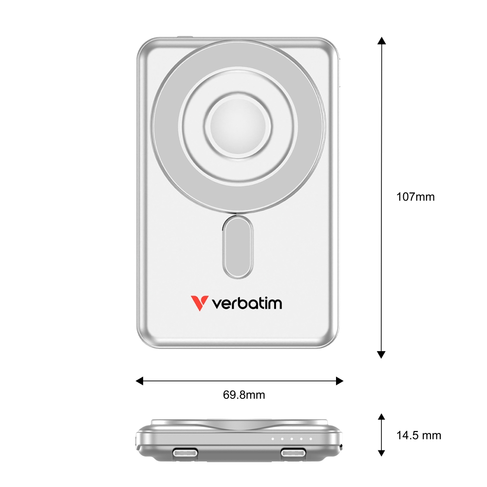 Verbatim Charge 'n' Go 2C Power Bank Magnetic Wireless 5000mAh with 2 USB-C Cables & Stand Silver