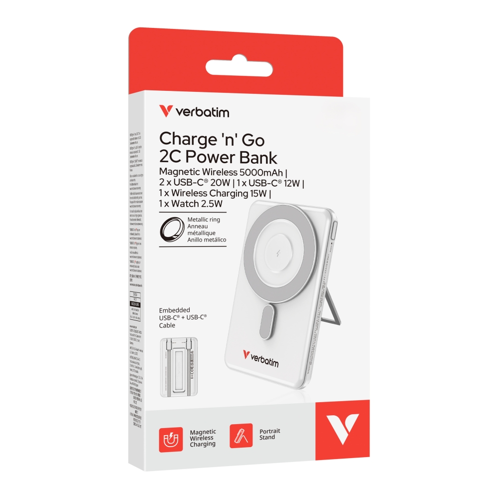 Verbatim Charge 'n' Go 2C Power Bank Magnetic Wireless 5000mAh with 2 USB-C Cables & Stand Silver