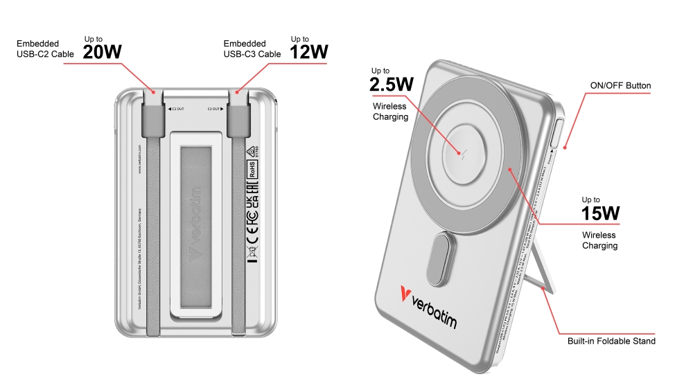 Verbatim Charge 'n' Go 2C Power Bank Magnetic Wireless 5000mAh with 2 USB-C Cables & Stand Silver
