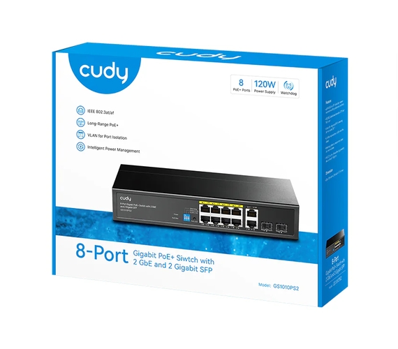 Cudy GS1010PS2 8-Port Gigabit PoE+ Switch with 2 Gigabit Uplink ports and 2 Gigabit SFP slot 120W 8-10/100/1000 BASE-T Gigabit ports