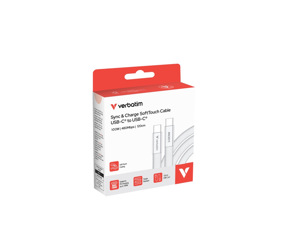 Verbatim Sync & Charge SoftTouch USB-C to C cable 100W 120 cm - White