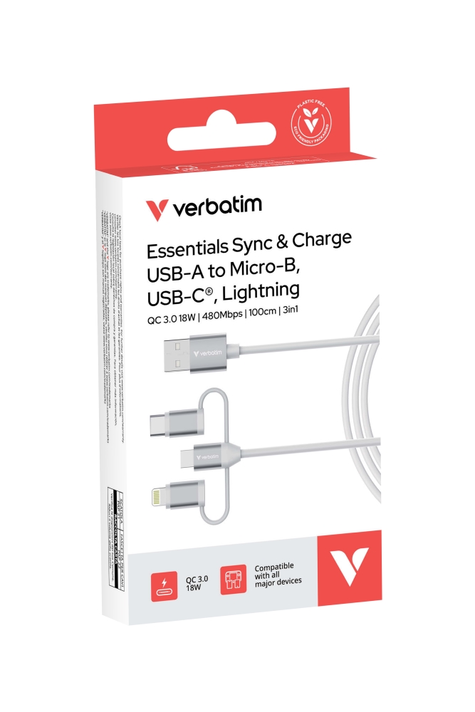 Verbatim Sync & Charge Cable 3-in-1 USB-A to Micro-B/USB-C/Lightning 18W 100cm - White