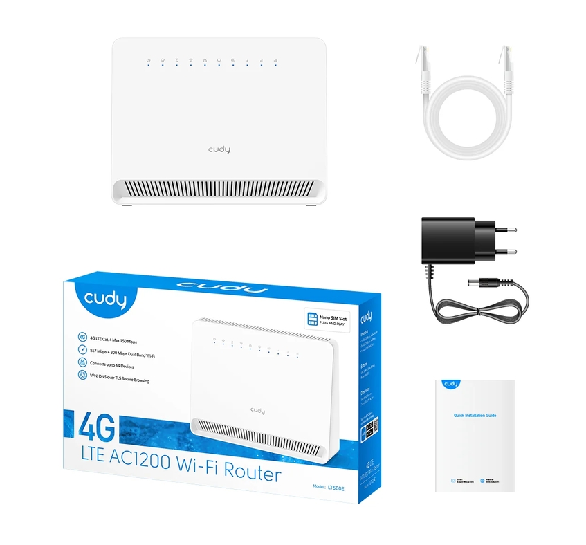 Cudy LT500E Wi-Fi 4G LTE Cat.4 Router AC1200 Wi-Fi build-in 4G LTE modem 4 10/100M RJ45 Ports Nano SIM Slot