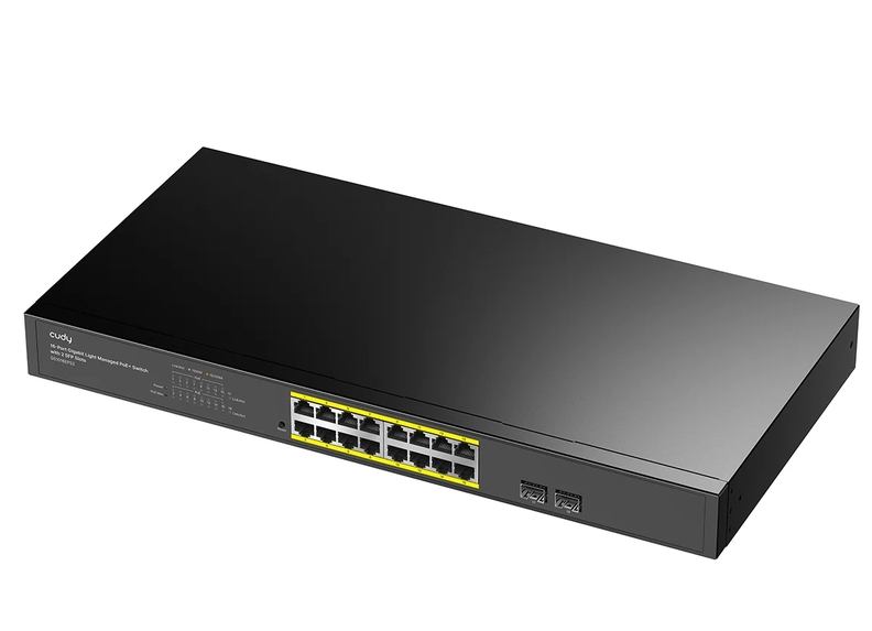 Cudy GS1016EPS2 16 port 10/100/1000 Base-T Gigabit ports 19-inch 2-1000 Base-X SFP Slot 16-port IEEE 802.3at PoE+ Injector Supports PoE power up to 30W for each PoE port Local management via WEB GUI 200W Internal