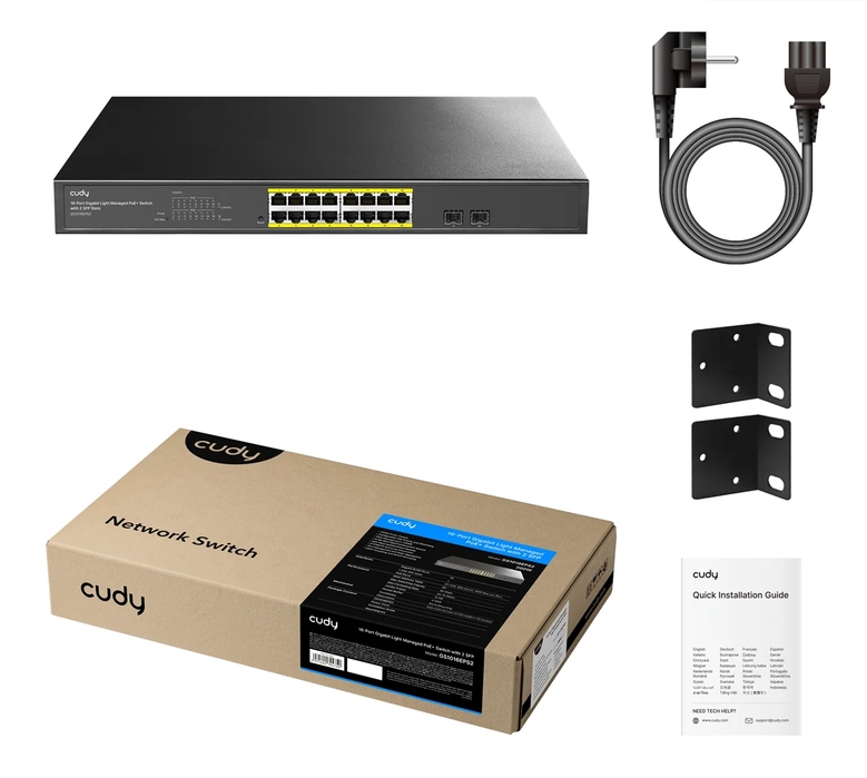Cudy GS1016EPS2 16 port 10/100/1000 Base-T Gigabit ports 19-inch 2-1000 Base-X SFP Slot 16-port IEEE 802.3at PoE+ Injector Supports PoE power up to 30W for each PoE port Local management via WEB GUI 200W Internal