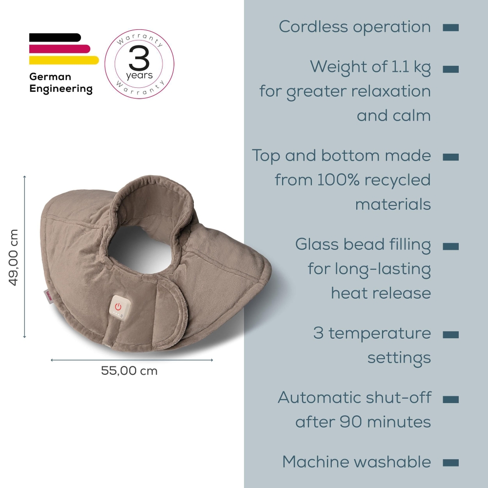 Beurer HK 165 Huggy Taupe Shoulder heat pad; Soft & cosy material; lithium-ion battery; Soothing heat for up to 4 h; Machine-washable at 30°C; 3 temp. settings