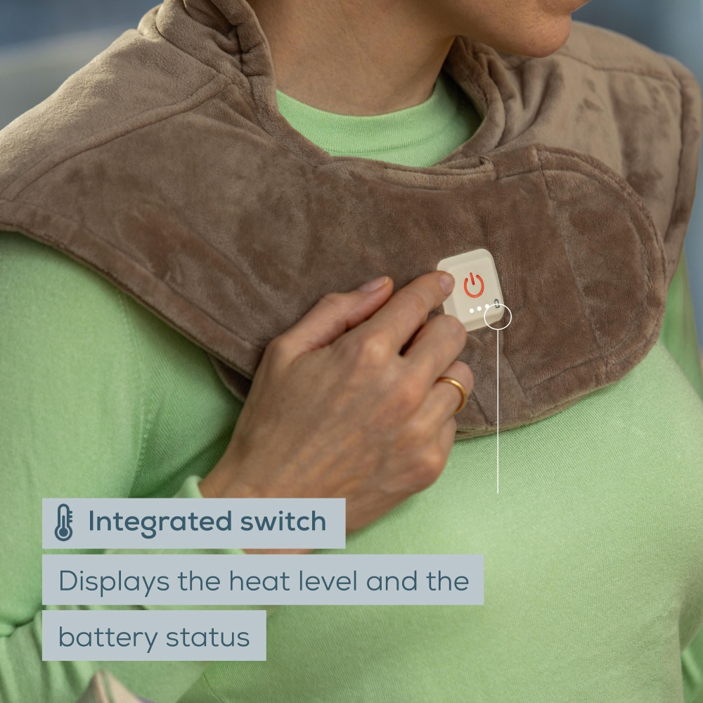 Beurer HK 165 Huggy Taupe Shoulder heat pad; Soft & cosy material; lithium-ion battery; Soothing heat for up to 4 h; Machine-washable at 30°C; 3 temp. settings