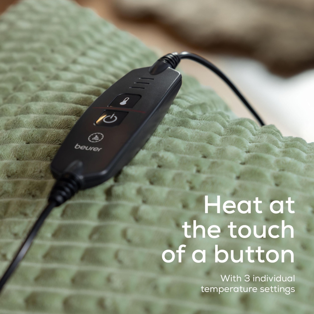 Beurer HD 72 Waffle Sage Green Heated overblanket; Soft and cuddly surface; Machine-washable at 30°C; 3 temp. settings; 1.7kg. Lightweight blanket