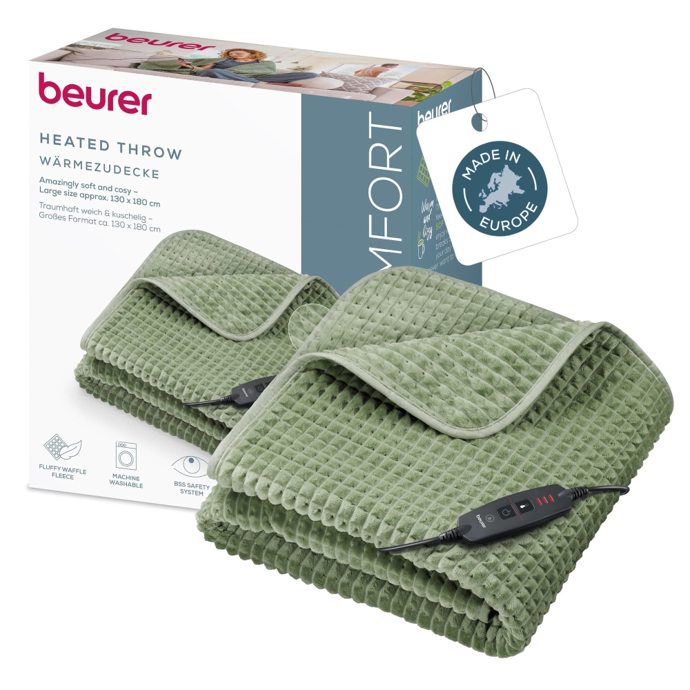 Beurer HD 72 Waffle Sage Green Heated overblanket; Soft and cuddly surface; Machine-washable at 30°C; 3 temp. settings; 1.7kg. Lightweight blanket