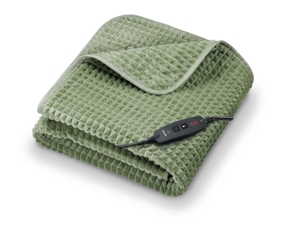 Beurer HD 72 Waffle Sage Green Heated overblanket; Soft and cuddly surface; Machine-washable at 30°C; 3 temp. settings; 1.7kg. Lightweight blanket