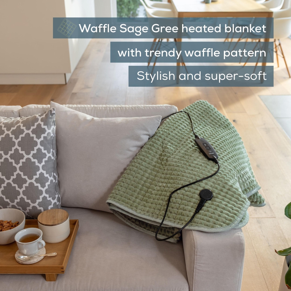 Beurer HD 72 Waffle Sage Green Heated overblanket; Soft and cuddly surface; Machine-washable at 30°C; 3 temp. settings; 1.7kg. Lightweight blanket