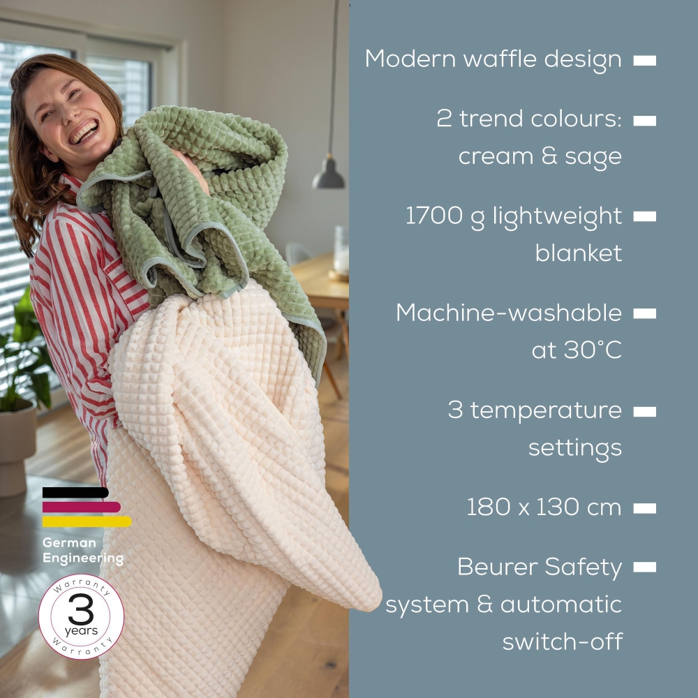 Beurer HD 72 Waffle Sage Green Heated overblanket; Soft and cuddly surface; Machine-washable at 30°C; 3 temp. settings; 1.7kg. Lightweight blanket