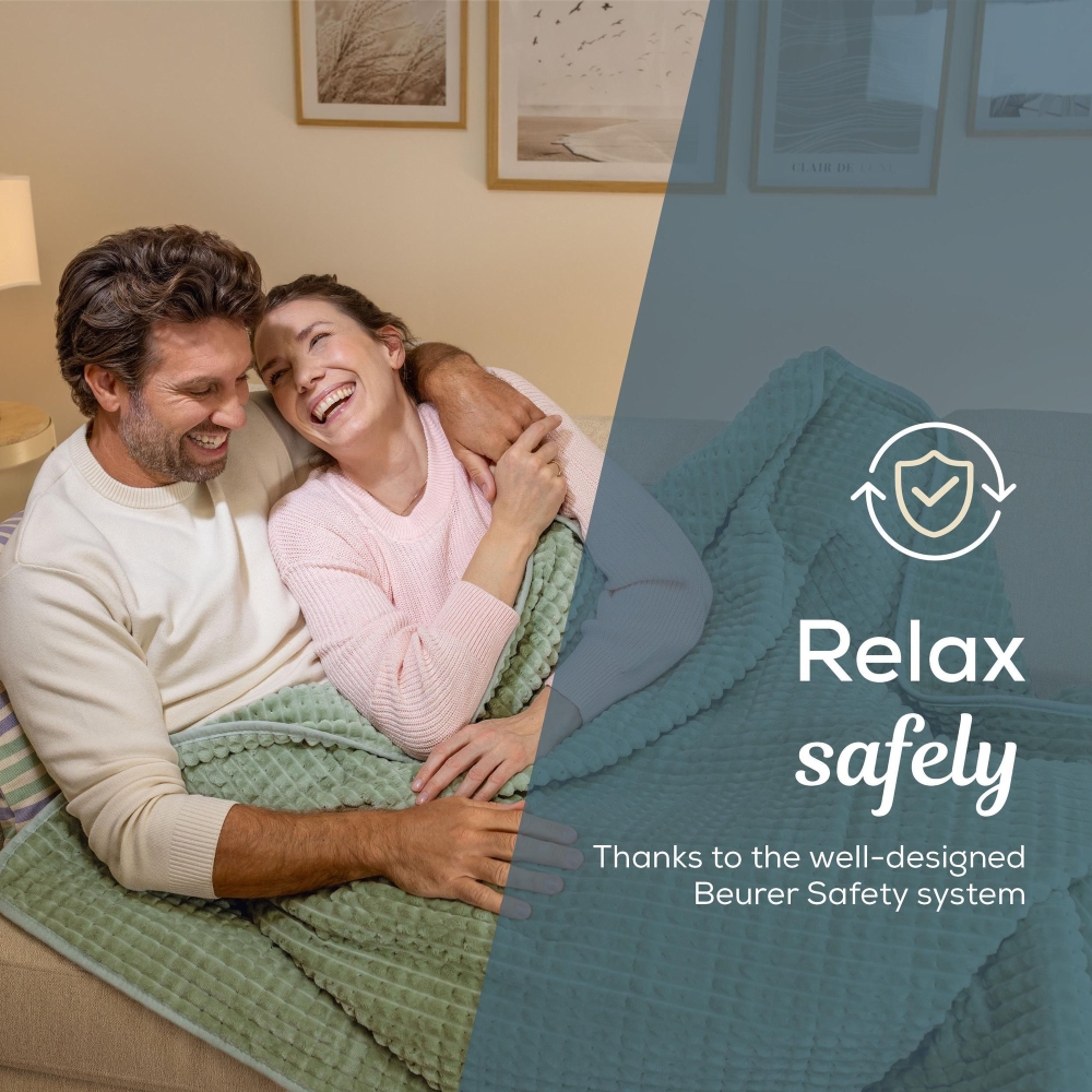 Beurer HD 72 Waffle Sage Green Heated overblanket; Soft and cuddly surface; Machine-washable at 30°C; 3 temp. settings; 1.7kg. Lightweight blanket