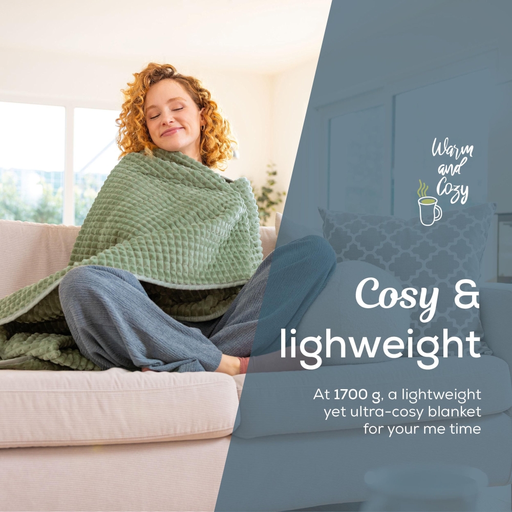 Beurer HD 72 Waffle Sage Green Heated overblanket; Soft and cuddly surface; Machine-washable at 30°C; 3 temp. settings; 1.7kg. Lightweight blanket